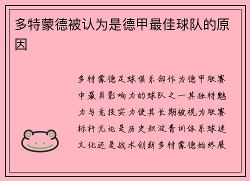 多特蒙德被认为是德甲最佳球队的原因
