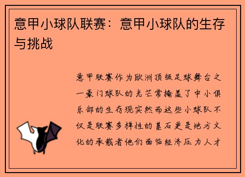 意甲小球队联赛：意甲小球队的生存与挑战